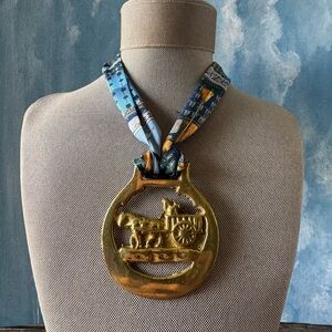Gold Horse & Carriage Pendant Necklace with Blue Patterned Silk Scarf